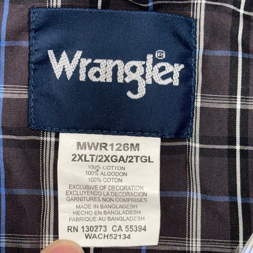 Wrangler Mens 2XLT Pearl Snap Western Shirt Plaid Navy Blue Big Tall Cotton
